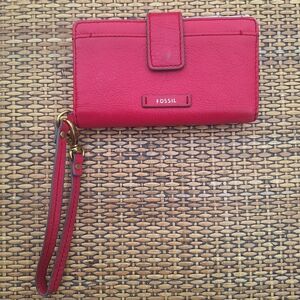 Fossil Bright Pink Leather Wristlet Wallet Card ID Holder Bi fold Snap Purse